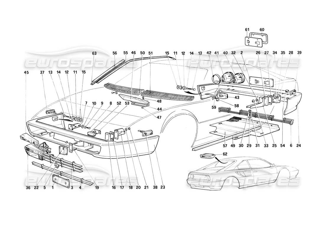 ferrari mondial 3.2 qv (1987) bumpers, mouldings & lights part diagram