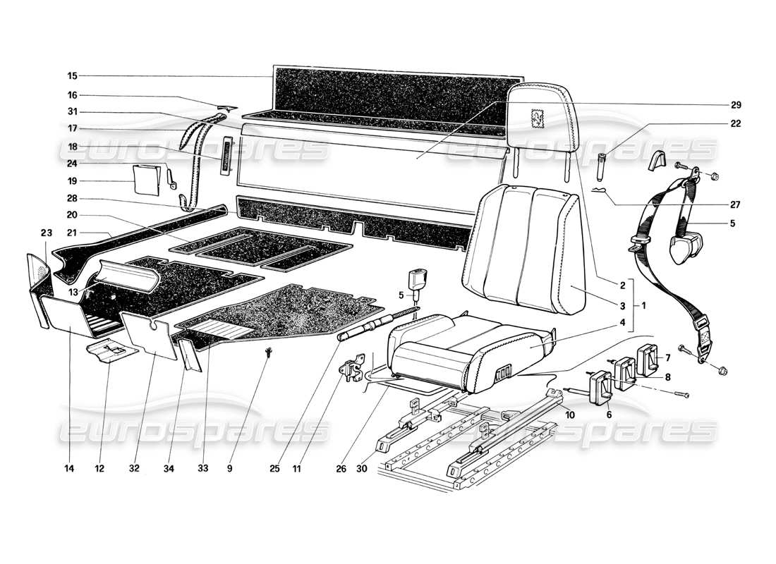 ferrari testarossa (1990) seats and carpets part diagram