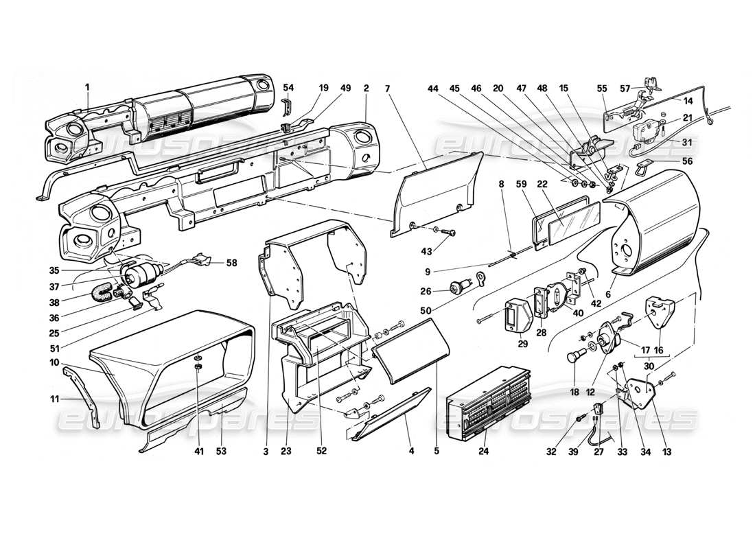 ferrari testarossa (1990) dashboard (not for us version) part diagram