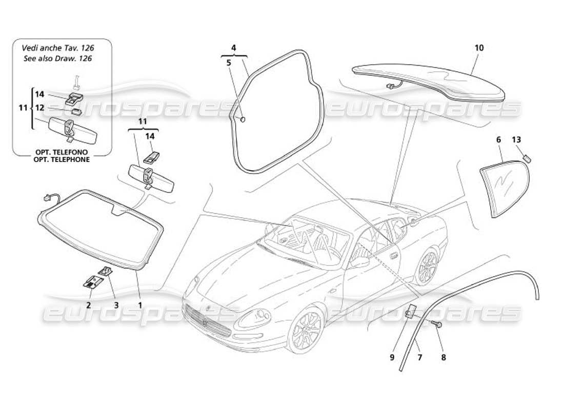 maserati 4200 coupe (2005) glasses - gaskets and inner rearwiew mirror part diagram