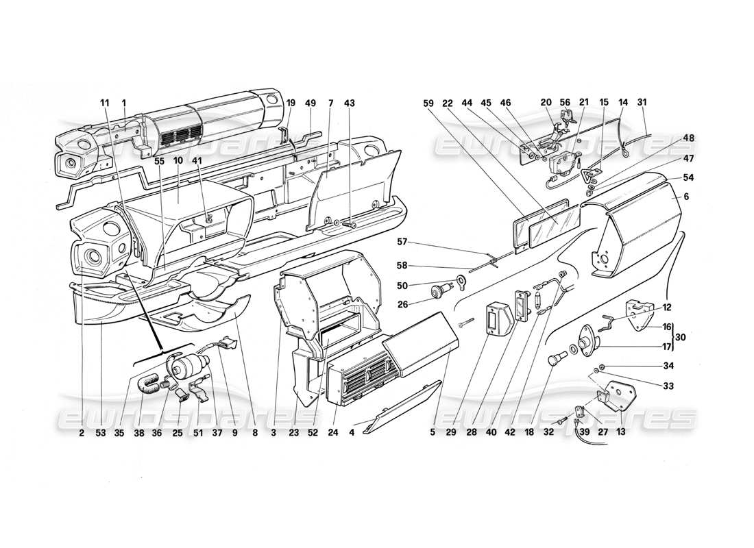 ferrari testarossa (1990) dashboard (for us version) part diagram