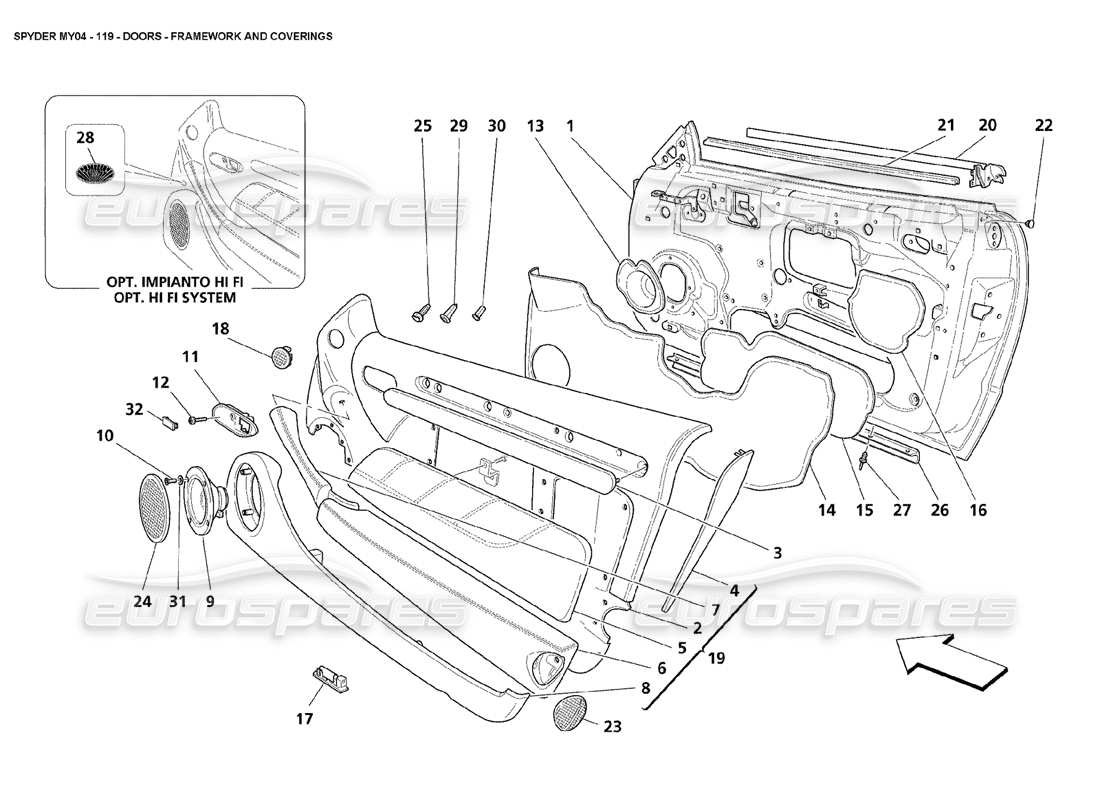 maserati 4200 spyder (2004) doors framework and coverings part diagram