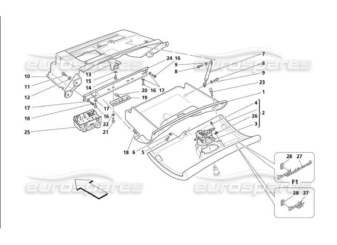 maserati 4200 coupe (2005) dashboard drawer part diagram