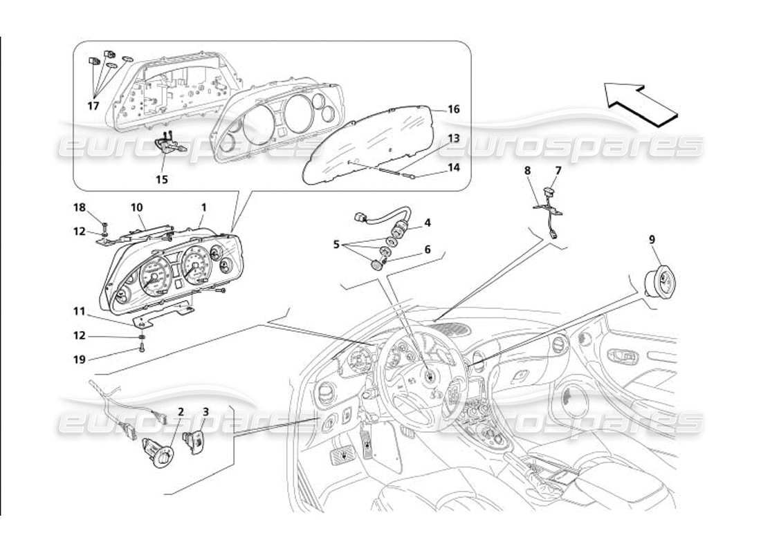 maserati 4200 coupe (2005) dashboard instruments part diagram