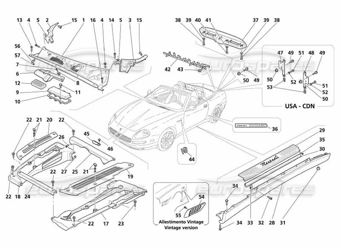 maserati 4200 spyder (2005) shields and finishing part diagram