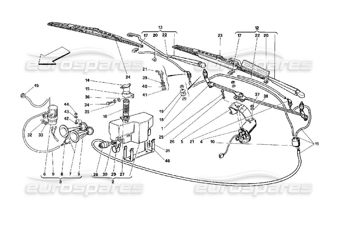 ferrari 512 tr windshield wiper, washer and horns part diagram