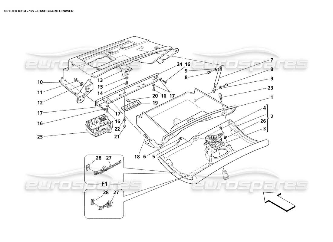 maserati 4200 spyder (2004) dashboard drawer part diagram