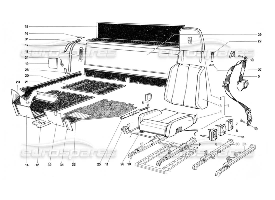 ferrari testarossa (1987) seats and carpets part diagram