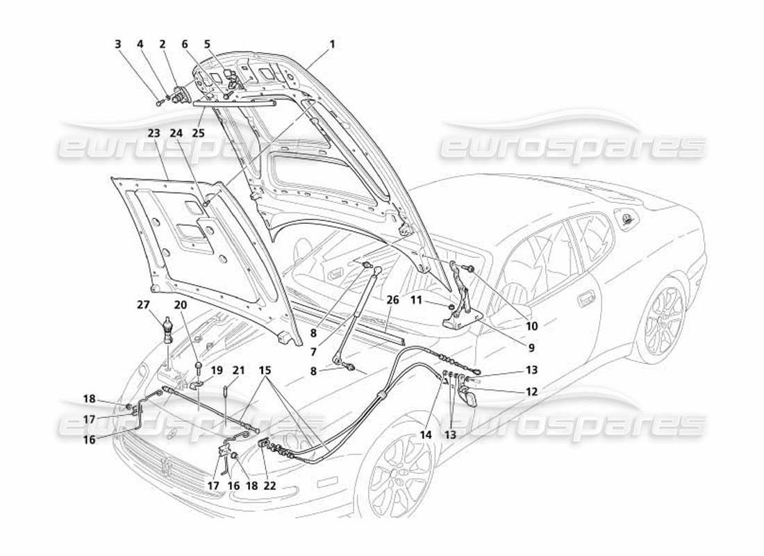 maserati 4200 coupe (2005) engine bonnet and opening device part diagram