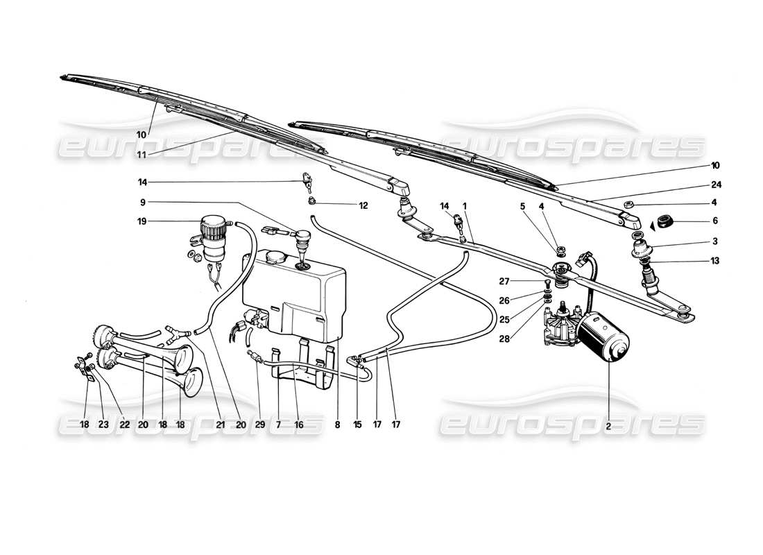 ferrari mondial 3.0 qv (1984) windshield wiper - washer and horn part diagram