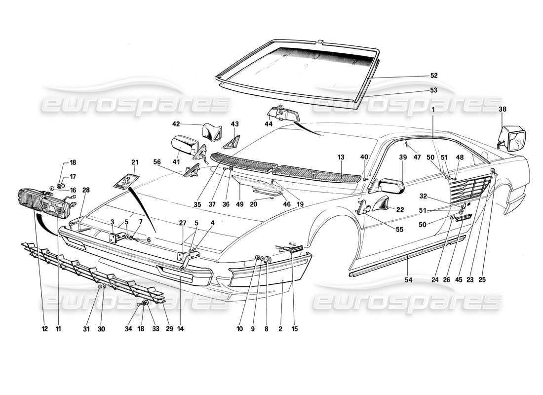 ferrari mondial 3.0 qv (1984) bumpers, lights and front glasses part diagram