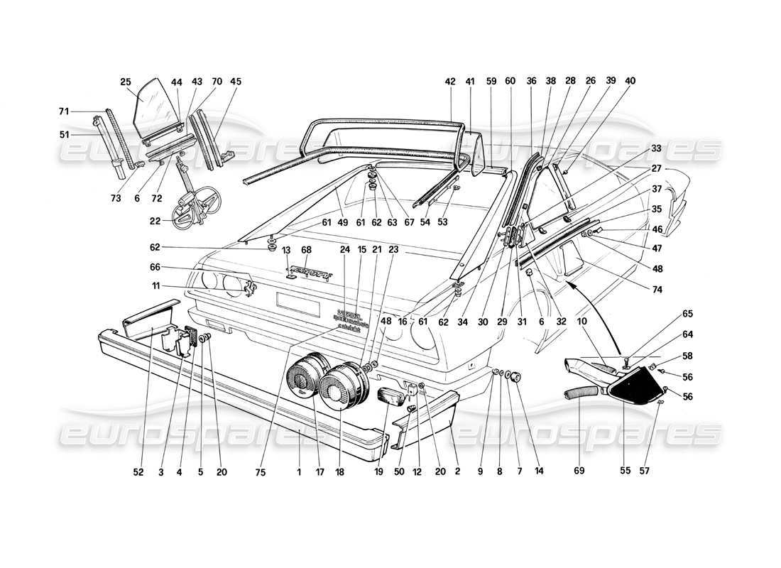 ferrari mondial 3.0 qv (1984) bumpers, lights and rear glasses part diagram