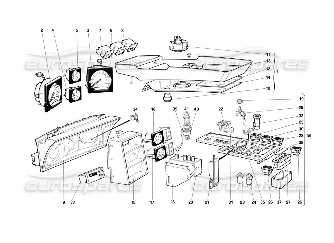 ferrari testarossa (1990) instruments and passenger compartment accessories (for us version) part diagram