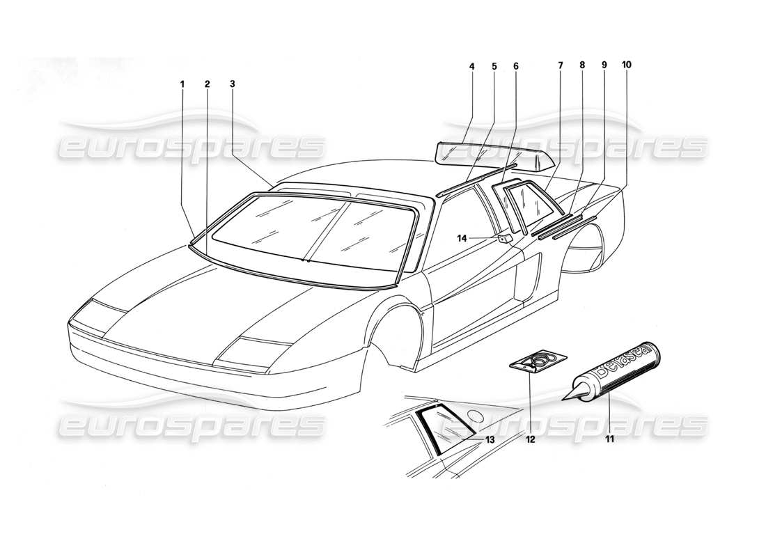 ferrari testarossa (1990) glass & windows part diagram