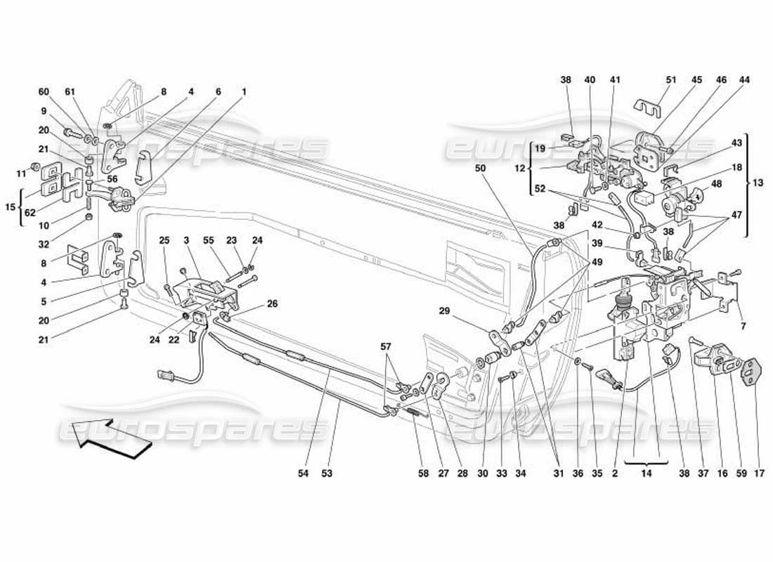 ferrari 550 barchetta doors - opening control and hinges part diagram