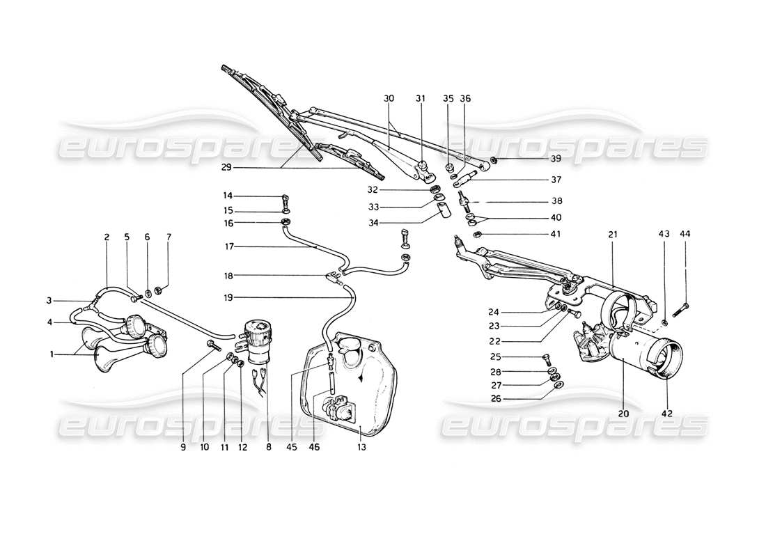 ferrari 512 bb windshield wiper, washer and horns part diagram