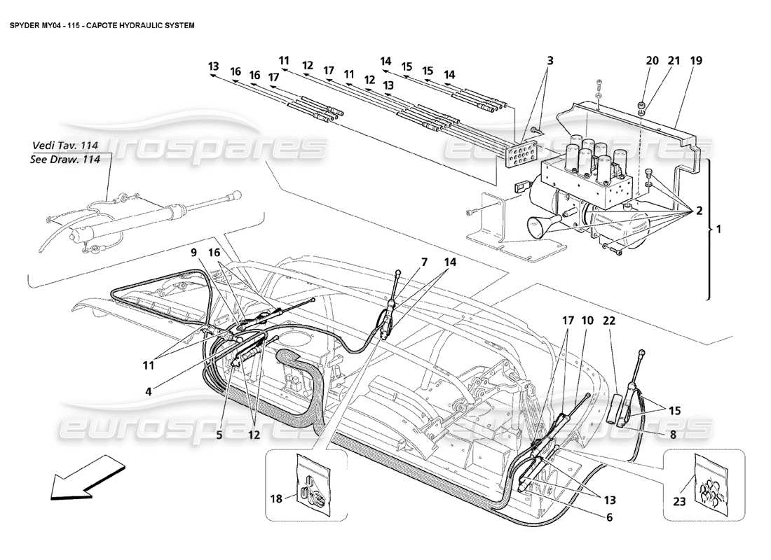 maserati 4200 spyder (2004) capote hydraulic system part diagram