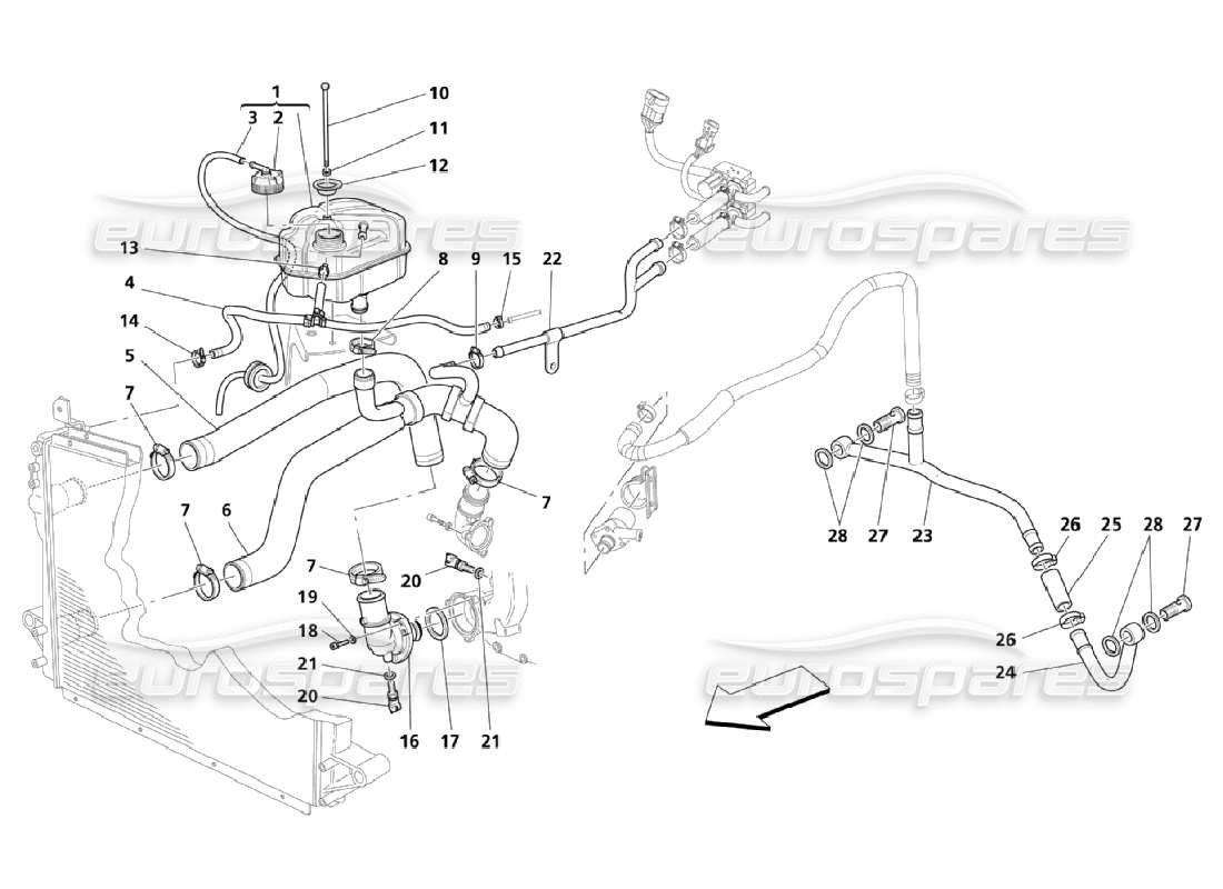 maserati qtp. (2006) 4.2 cooling system: nourice and piping part diagram