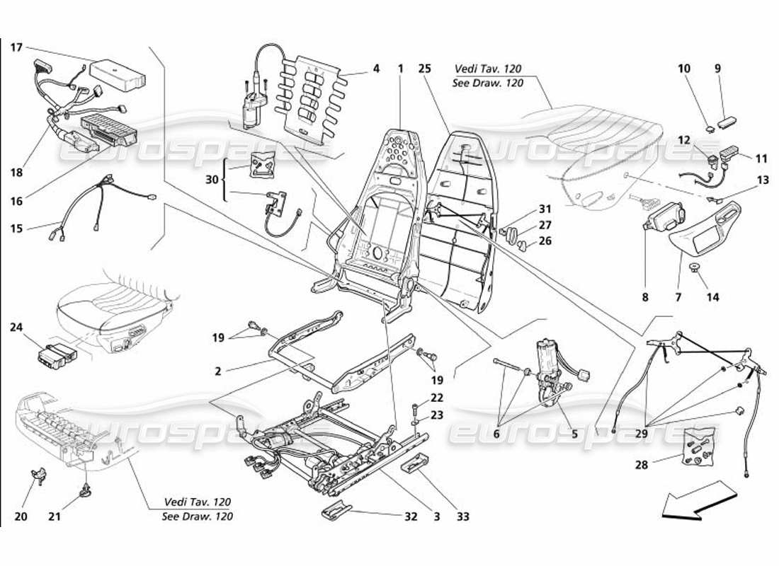 maserati 4200 coupe (2005) front seat - guide and movement part diagram