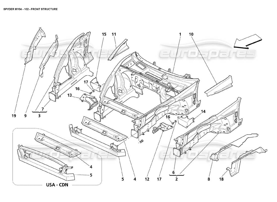 maserati 4200 spyder (2004) front structure part diagram