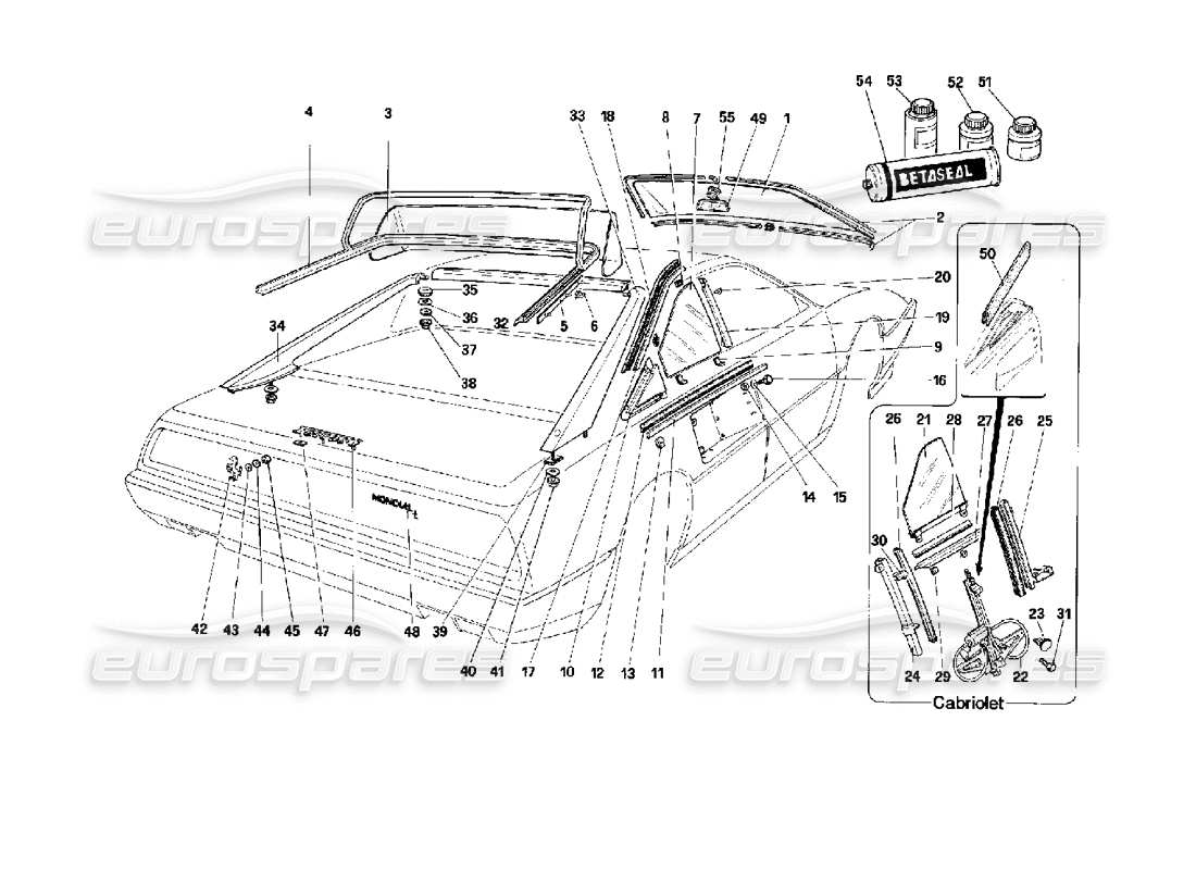 ferrari mondial 3.4 t coupe/cabrio glasses and external finishing part diagram