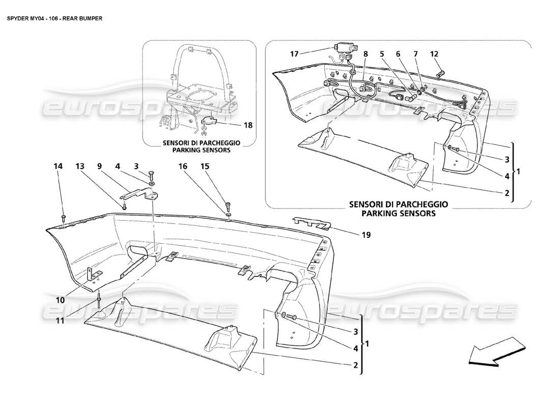 maserati 4200 spyder (2004) rear bumper part diagram