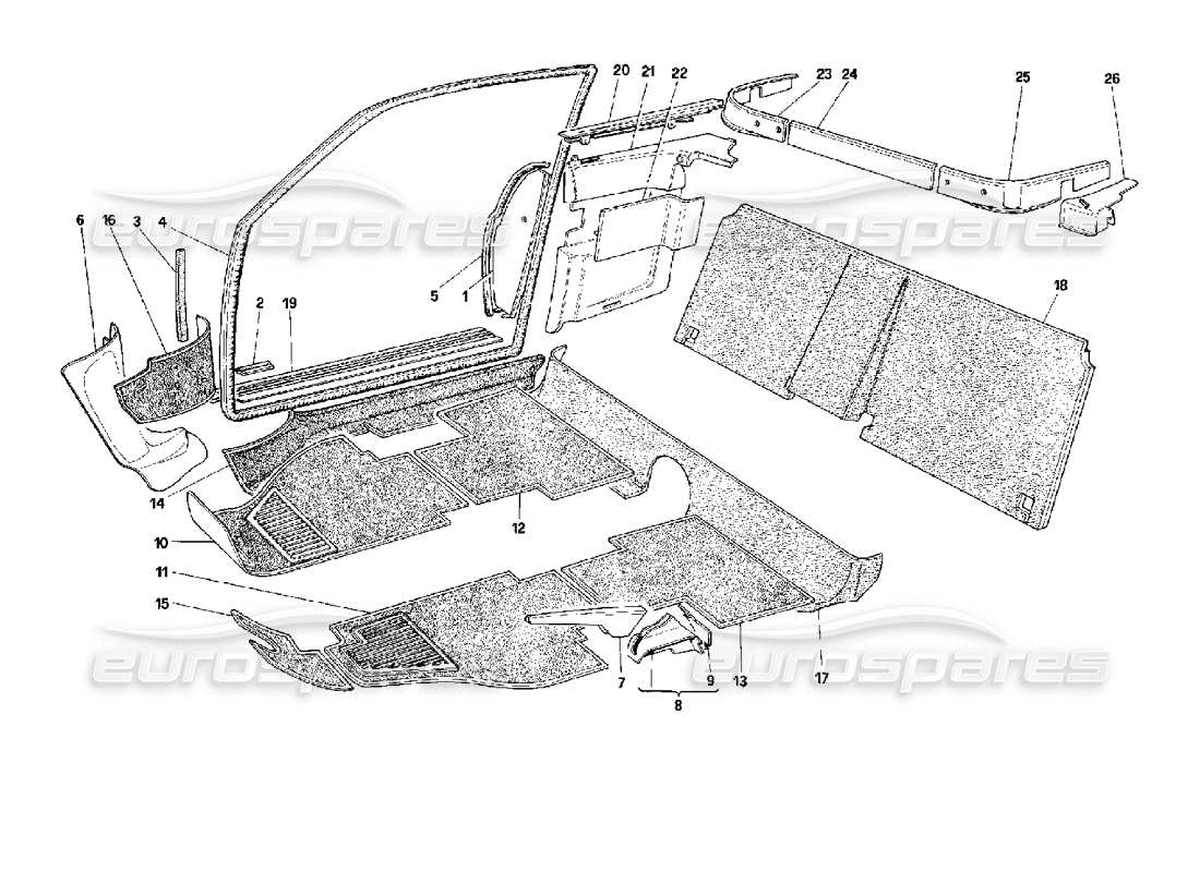 ferrari mondial 3.4 t coupe/cabrio carpets and inner lining - coupe part diagram