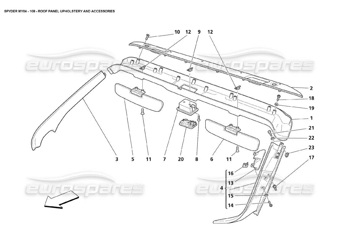 maserati 4200 spyder (2004) roof panel upholstery and accessories part diagram