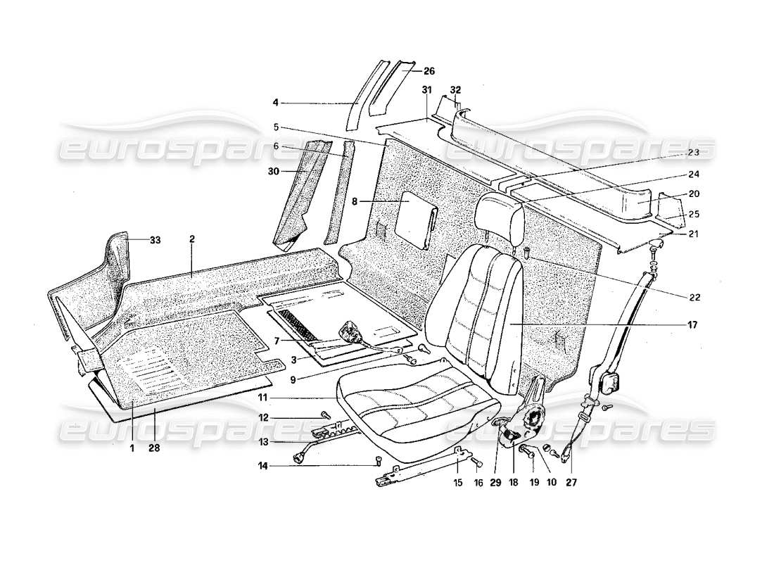 ferrari 308 quattrovalvole (1985) interior trim, accessories and seats part diagram