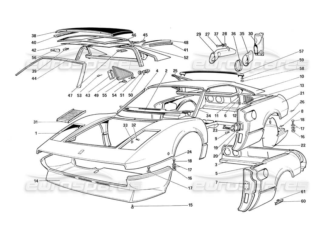 ferrari 308 quattrovalvole (1985) body shell - outer elements part diagram