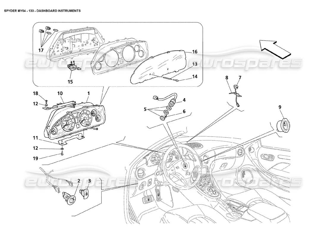 maserati 4200 spyder (2004) dashboard instruments part diagram