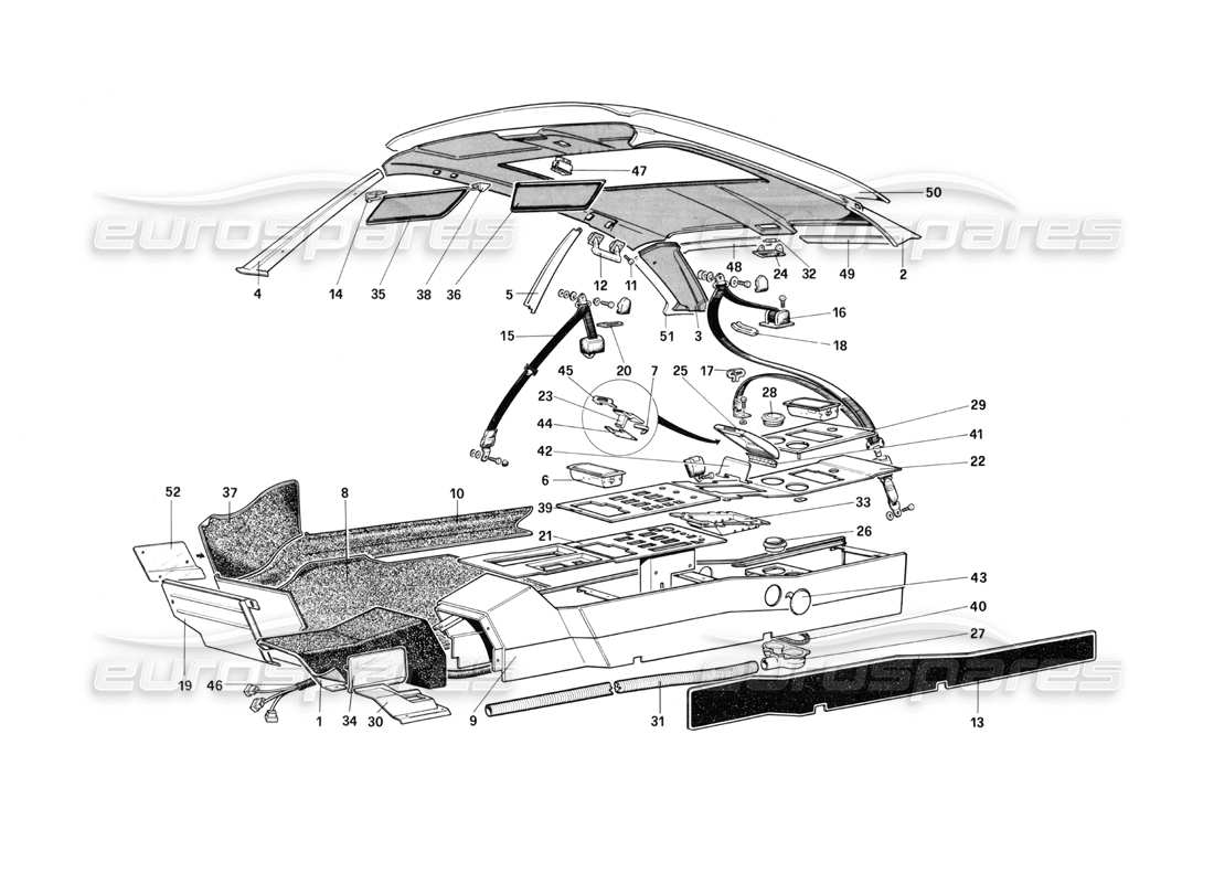 ferrari mondial 3.0 qv (1984) roof, tunnel and safety belts part diagram