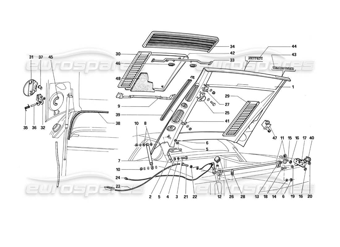 ferrari testarossa (1990) rear hood part diagram