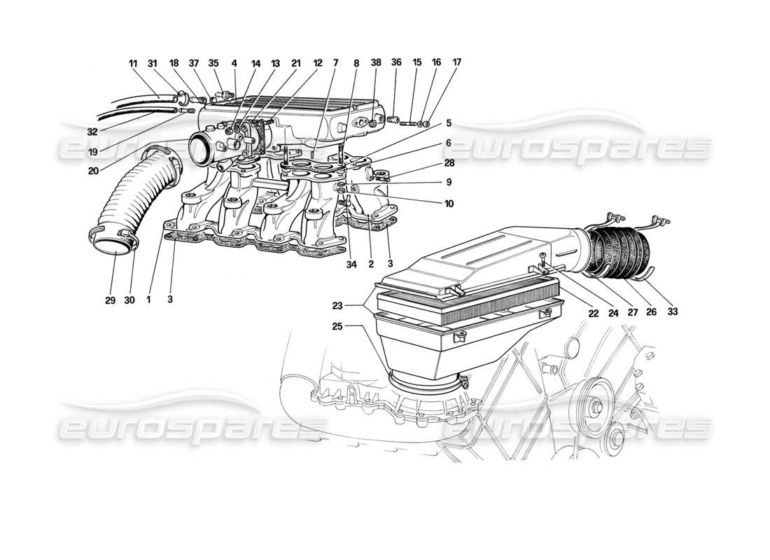 ferrari mondial 3.2 qv (1987) air intake and manifolds part diagram