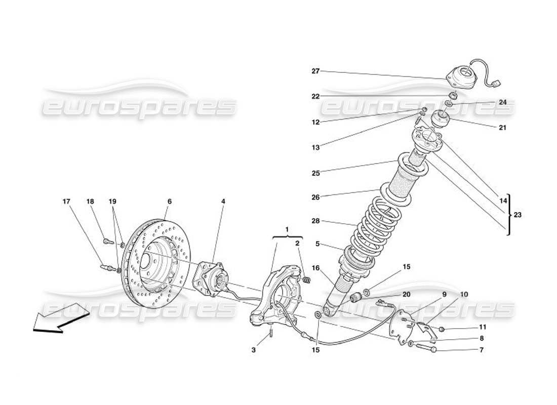 ferrari 575 superamerica front suspension - shock absorber and brake disc part diagram