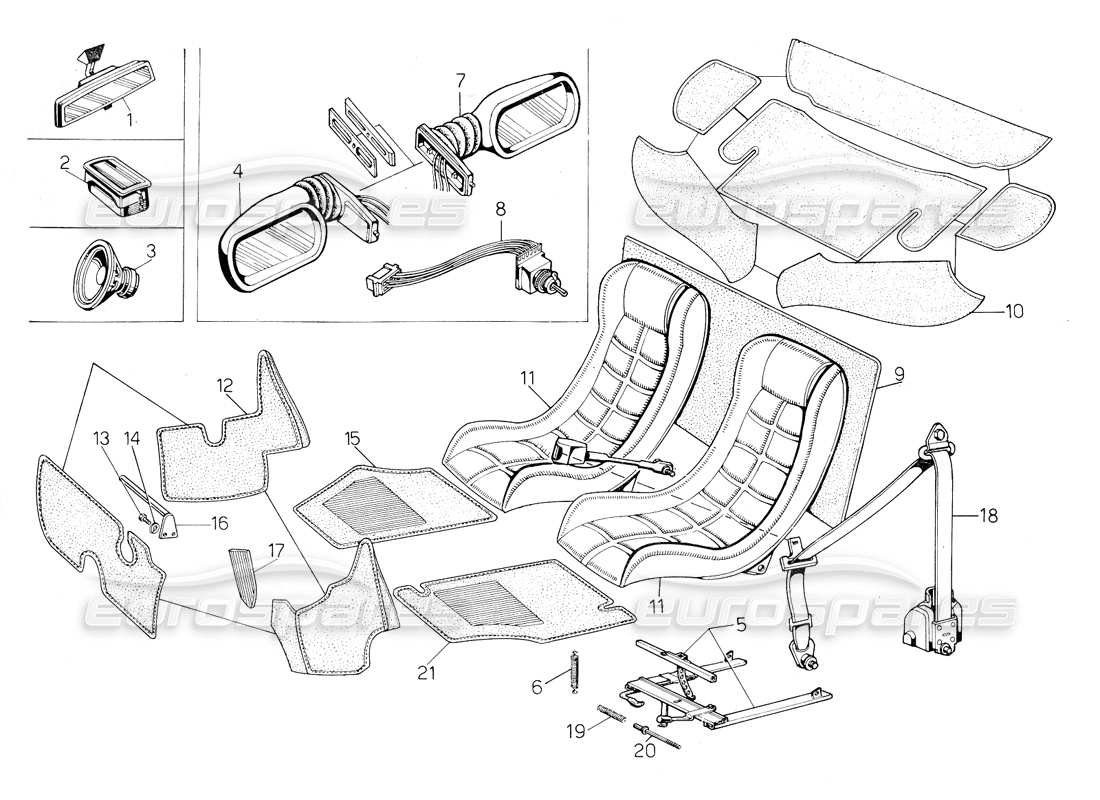 lamborghini countach 5000 qv (1985) seats, accessories and trims part diagram