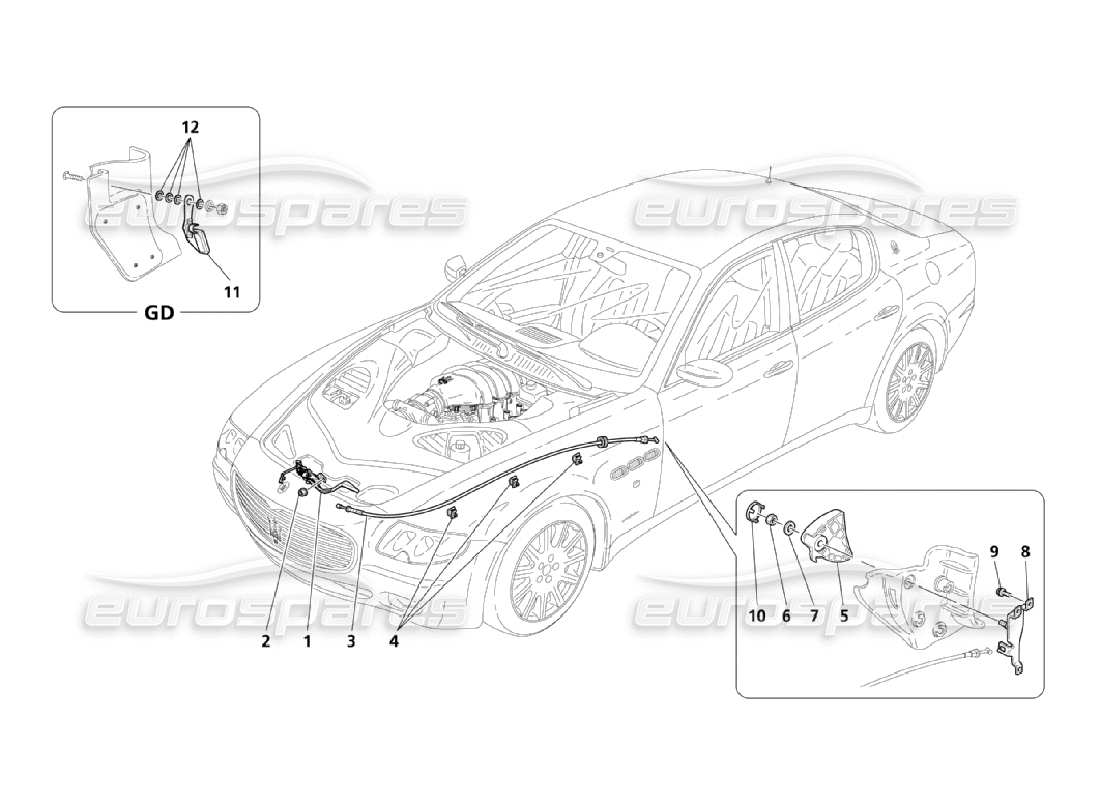 maserati qtp. (2006) 4.2 front hood opening device part diagram