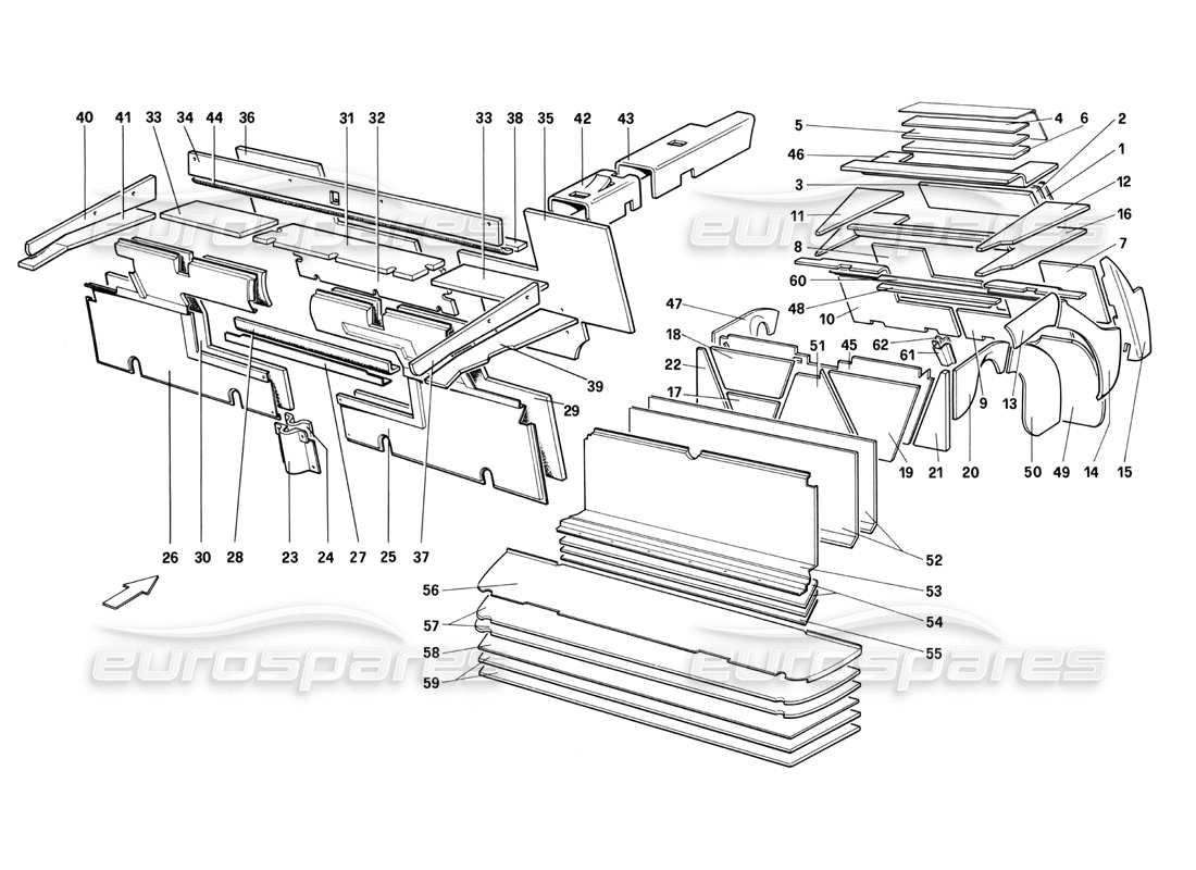 ferrari mondial 3.0 qv (1984) quattrovalvole luggage and passenger compartmente insulatior - cabriolet part diagram