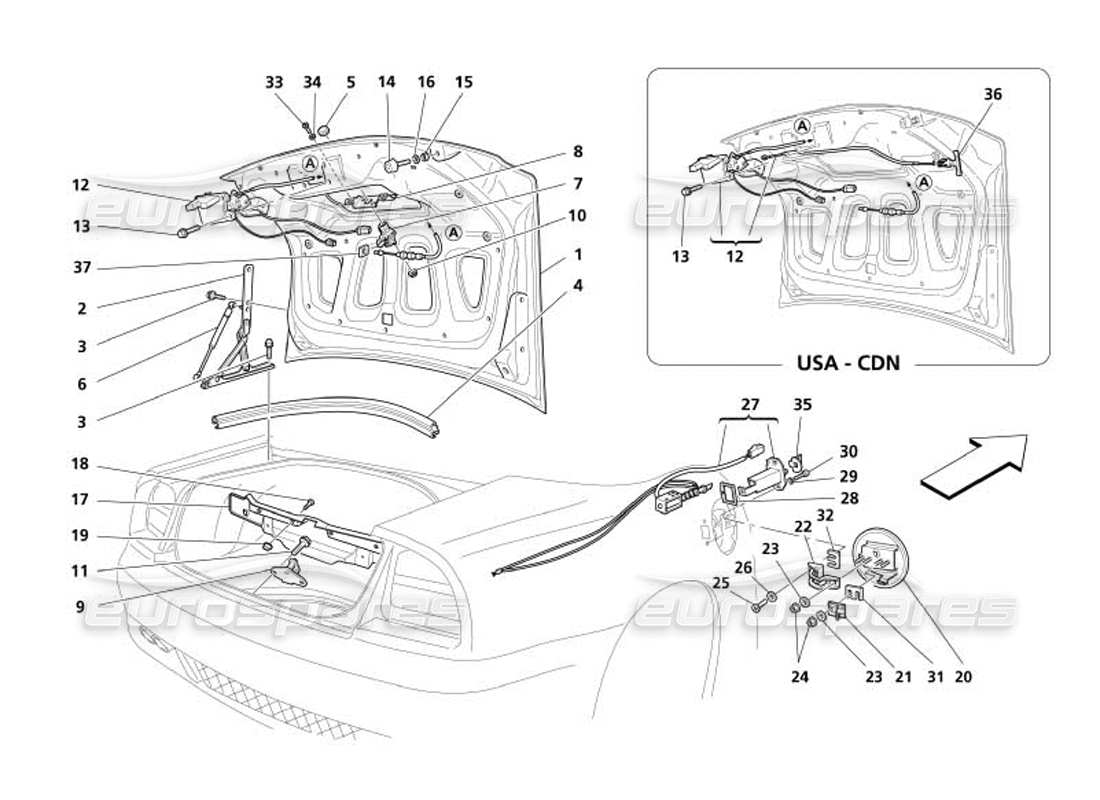 maserati 4200 spyder (2005) trunk hood bonnet and gas door part diagram