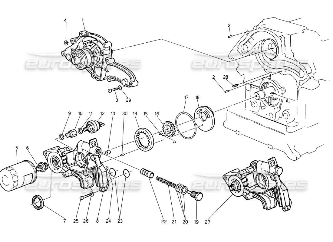 maserati 222 / 222e biturbo water pump - oil pump part diagram