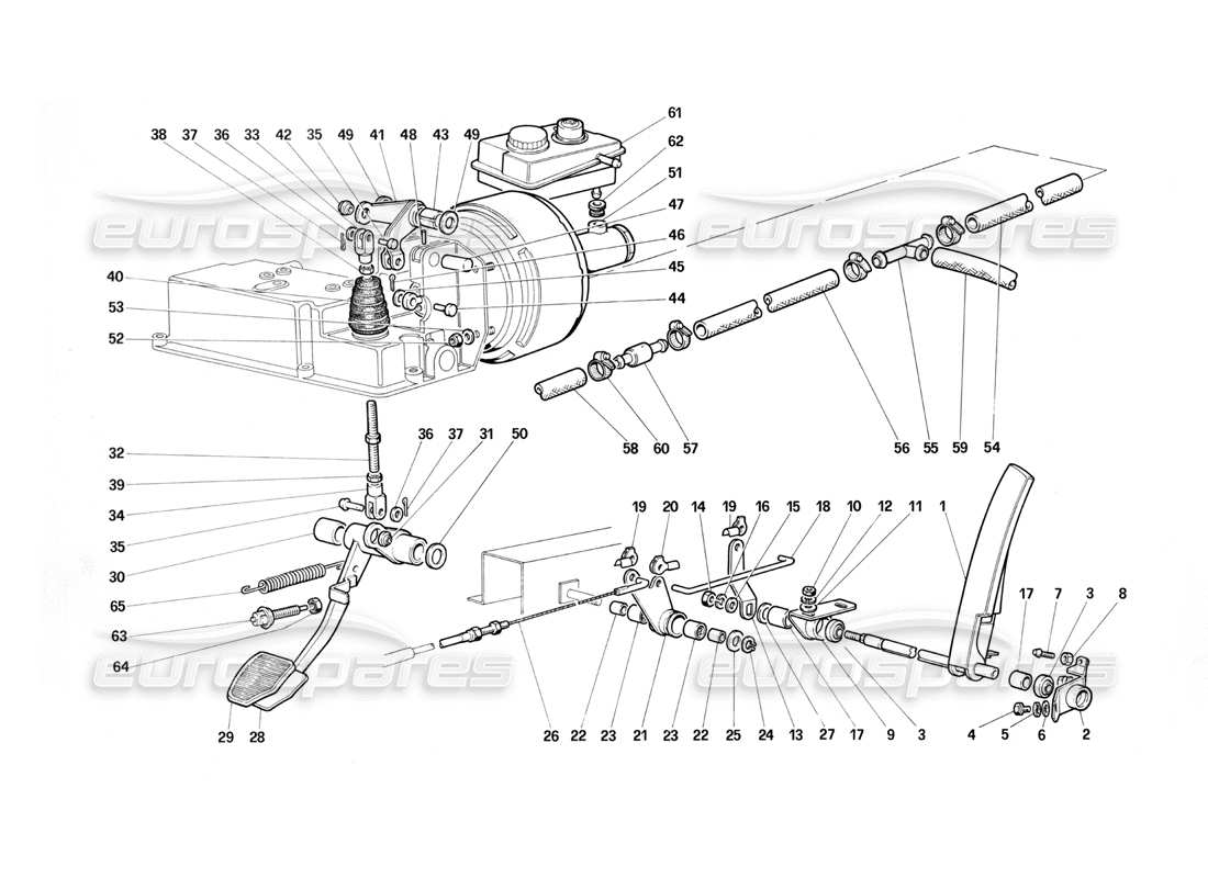 ferrari testarossa (1987) brake hydraulic system - accelerator control (variants for rhd versions) part diagram