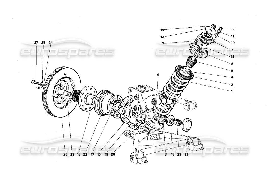 ferrari testarossa (1987) front suspension - shock absorber and brake disc part diagram