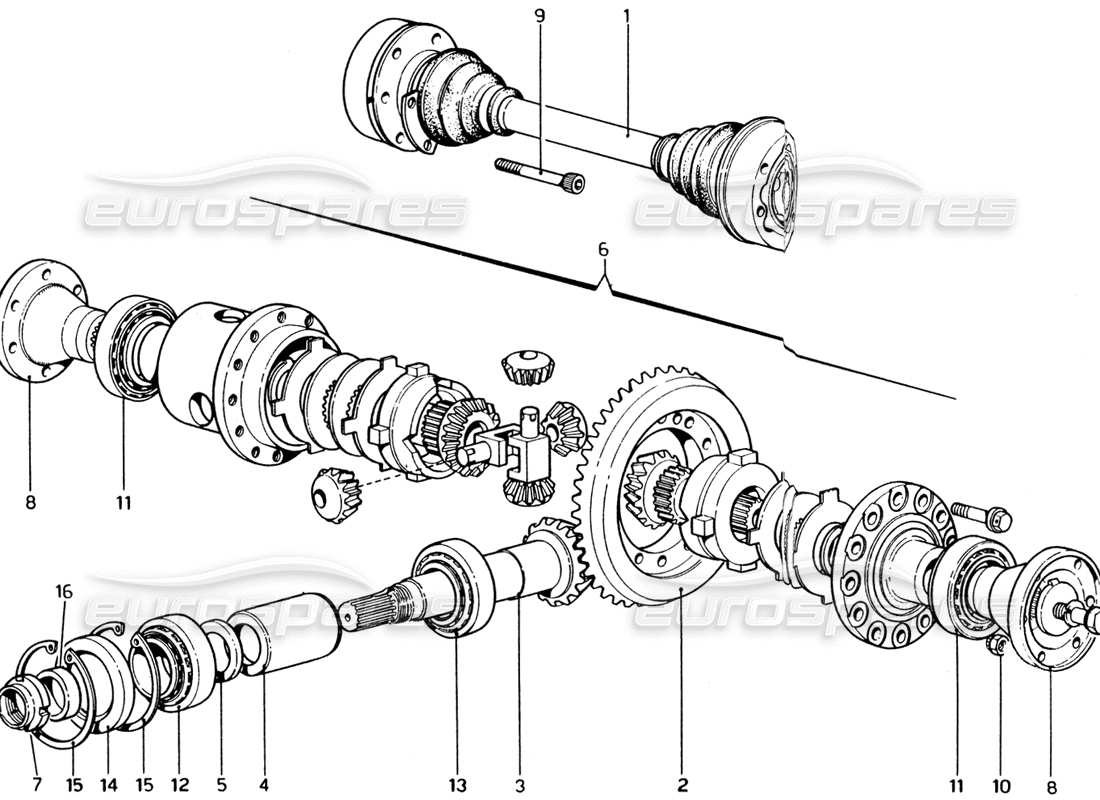 ferrari 365 gt4 2+2 (1973) differential & axle shafts part diagram