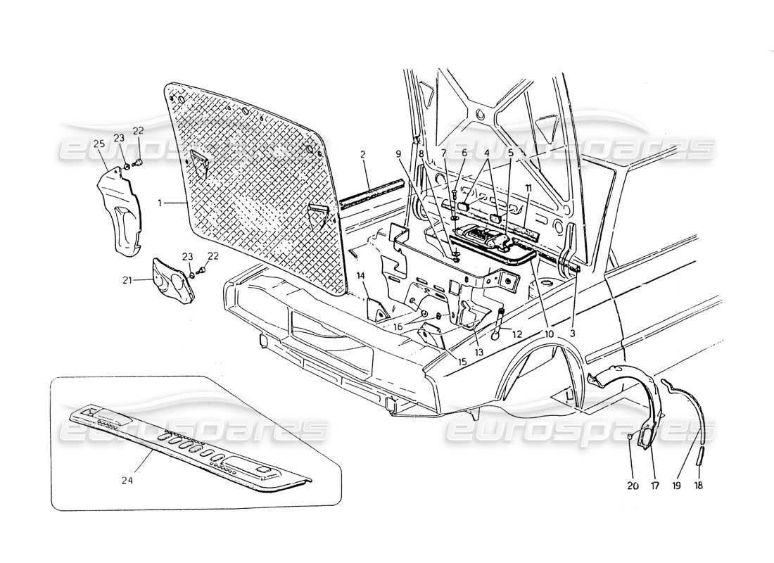 maserati 418 / 4.24v / 430 hood and engine compart. int.trimming part diagram