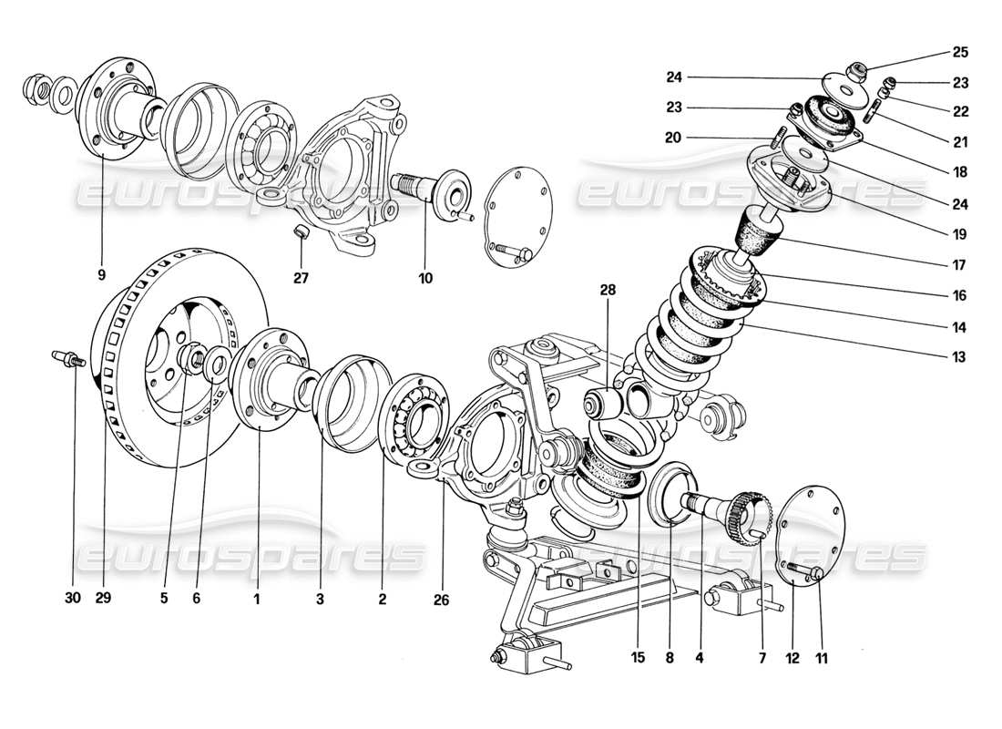 ferrari 328 (1988) front suspension - shock absorber and brake disc (starting from car no. 76626) part diagram