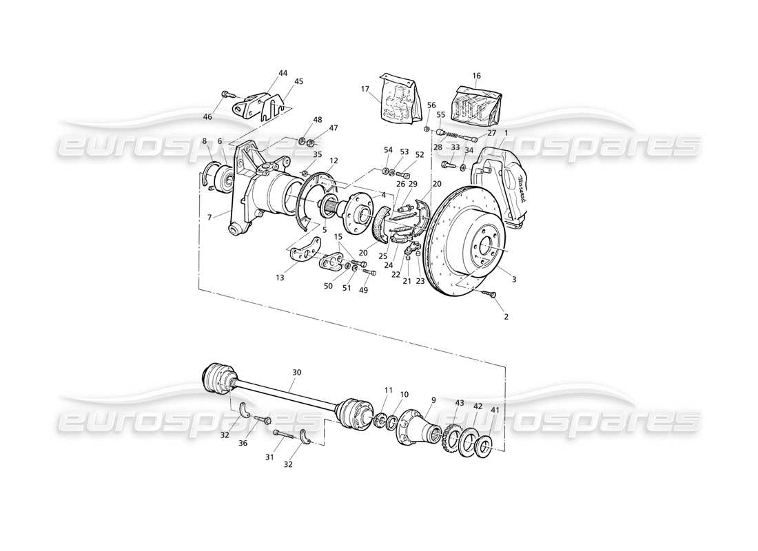 maserati qtp v8 evoluzione hubs, rear brakes with a.b.s. and drive shafts part diagram