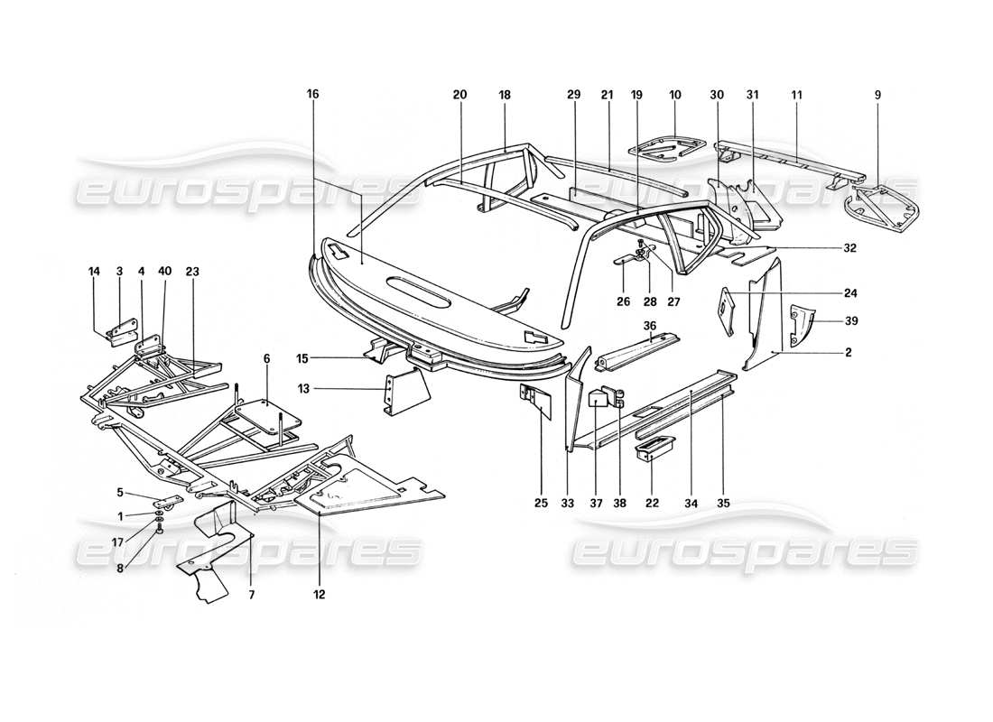 ferrari 512 bbi body shell - inner elements part diagram