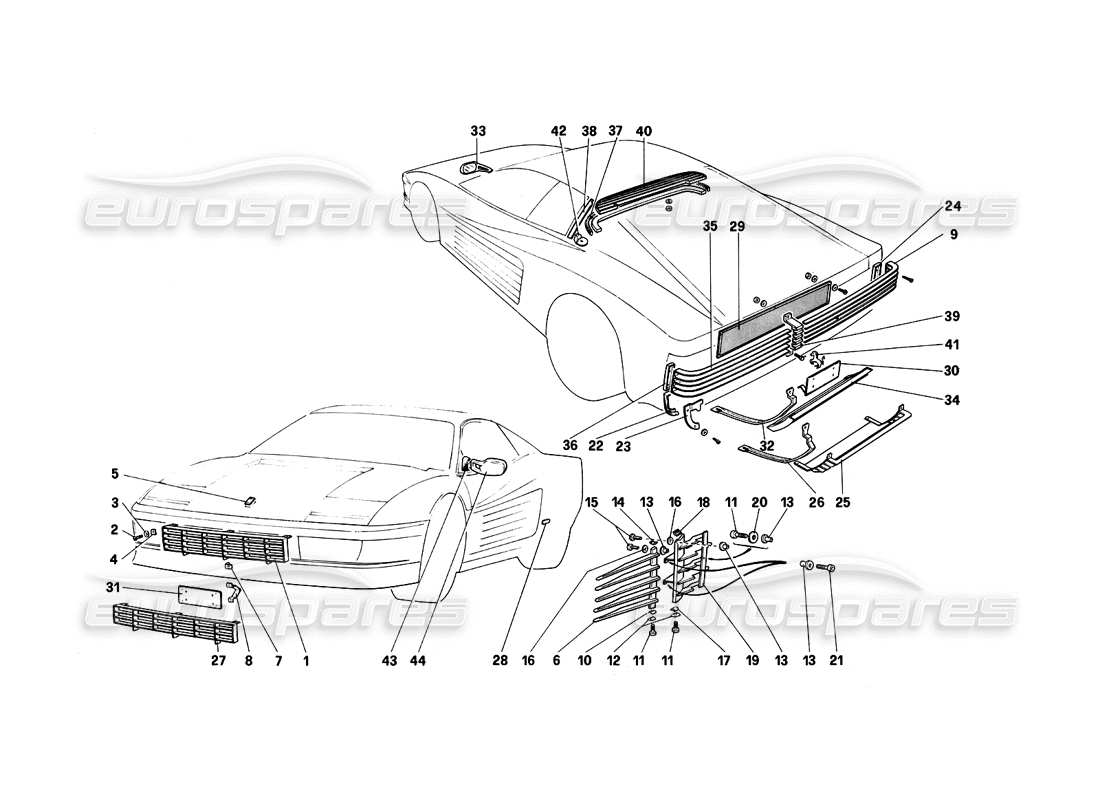 ferrari testarossa (1987) external finishing part diagram