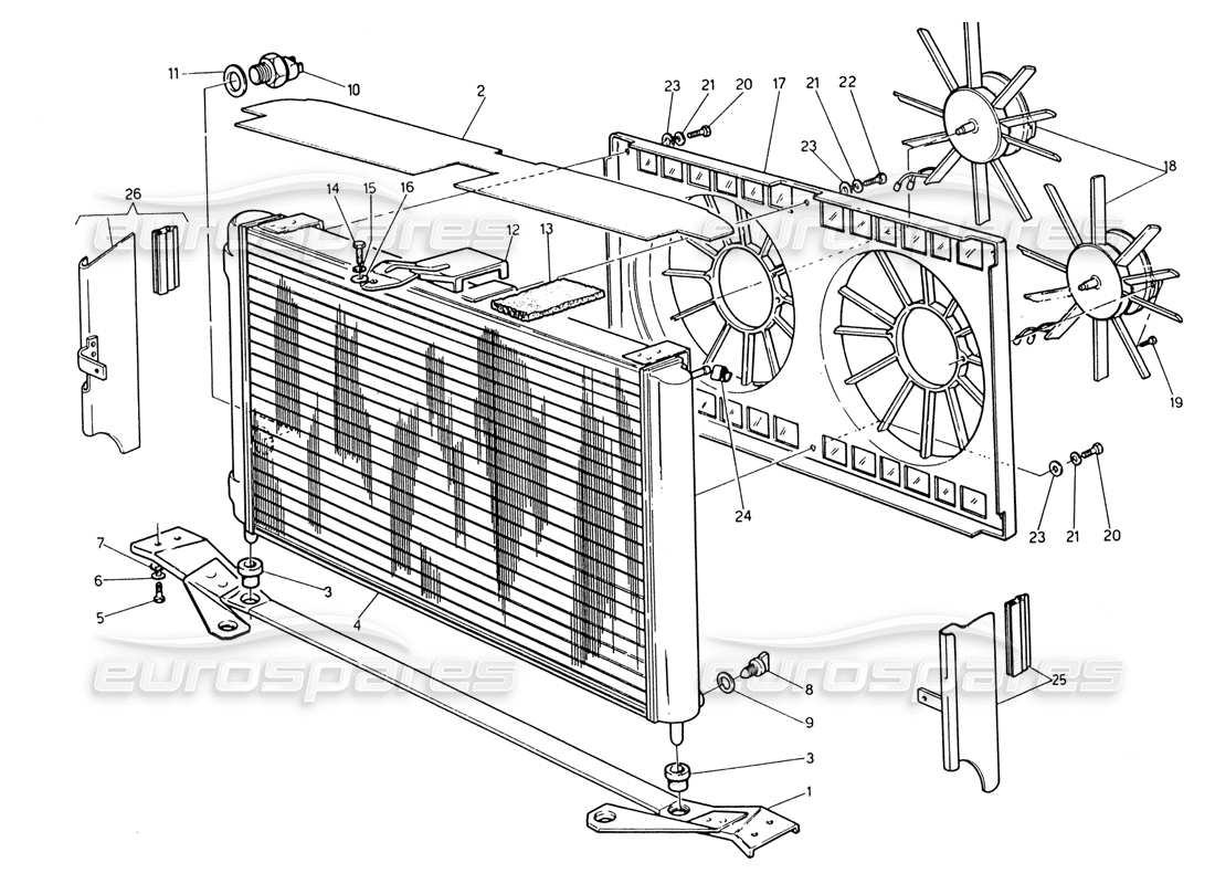 maserati 222 / 222e biturbo radiator and cooling fans part diagram