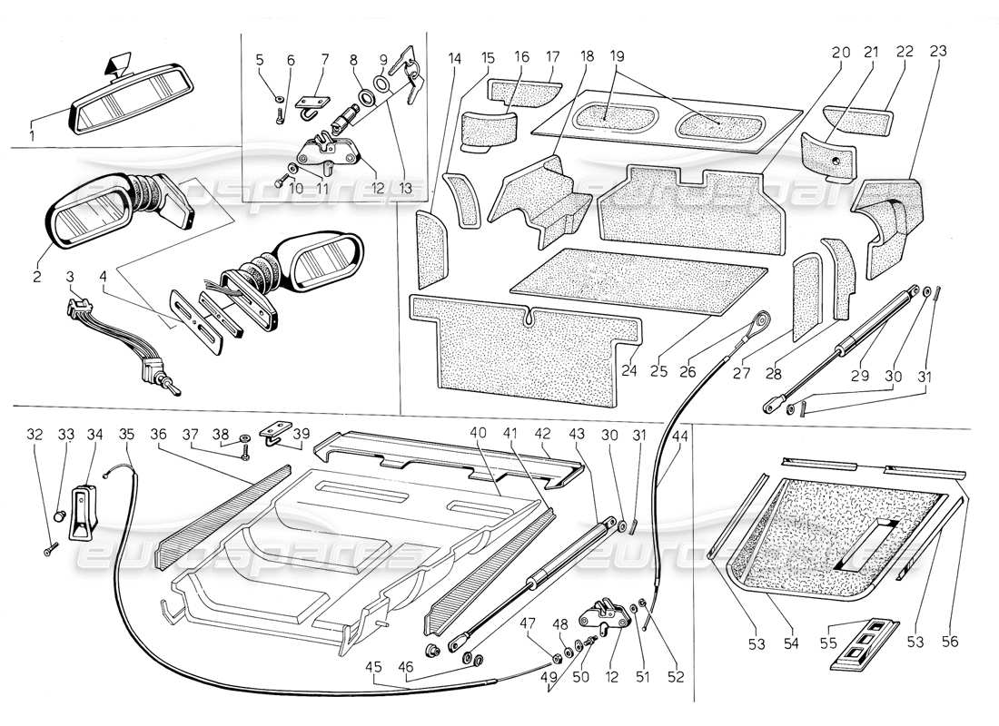 lamborghini jalpa 3.5 (1984) engine and luggage comp hoods part diagram